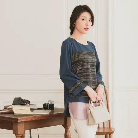 桔熊春秋季假两件套撞色拼接长袖中长款上衣轻熟女士大码AB13635商品大图