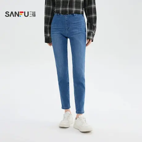 三福牛仔裤2025秋季橡筋弹力腰修身九分小脚裤子女装509362商品大图