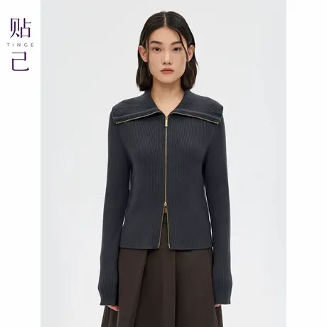 TINGE贴己精仿羊毛拉链翻领针织开衫女秋冬保暖知识分子上衣外套商品大图