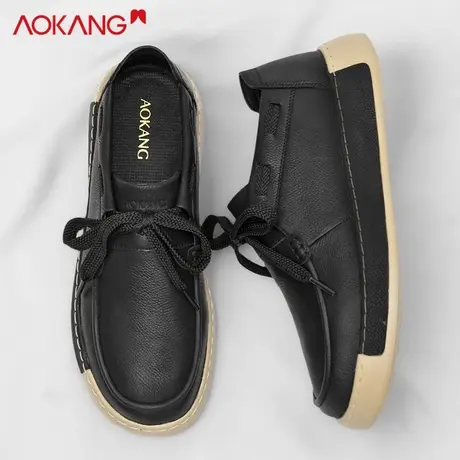 奥康休闲皮鞋男士秋季新款防水软底板鞋黑色男鞋轻奢潮流时尚复古图片