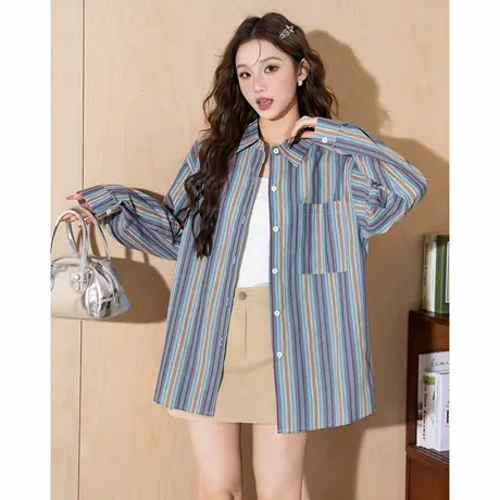 唐狮秋冬新款女衬衫彩色竖条纹翻领长袖衬衣设计感薄外套女TM图片