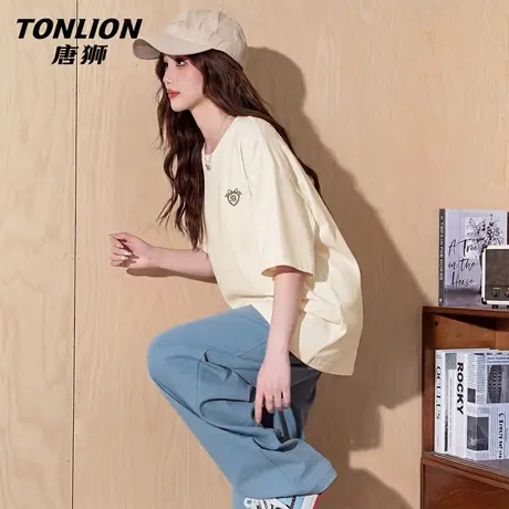唐狮官方杏色纯棉短袖女t恤夏2026新款女款宽松显瘦休闲半袖女VB图片