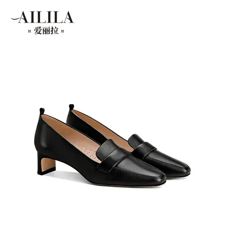 爱丽拉粗跟黑色高跟皮鞋女2023新款不累脚方头气质小个子浅口单鞋商品大图