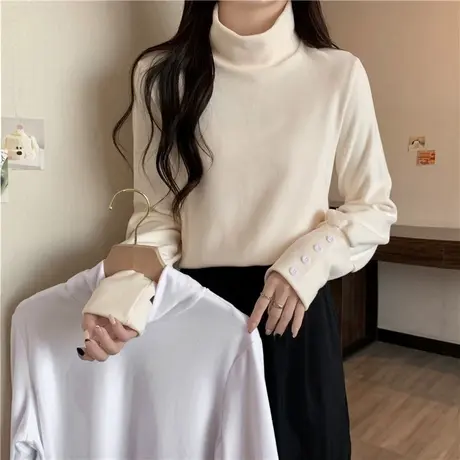 半高领德绒长袖T恤女秋冬2023新款宽松加绒加厚打底衫内搭上衣服商品大图