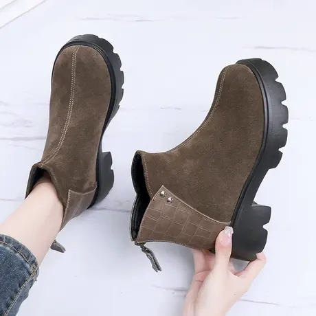 2023磨砂真皮大码女靴41一43秋季新款马丁靴女款高跟鞋女气质高级图片