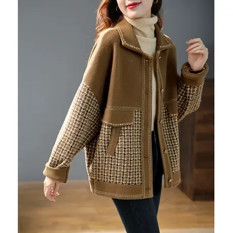 宝诗黎2023秋季新款千鸟格钉珠宽松上衣时尚设计感女士针织短外套商品大图