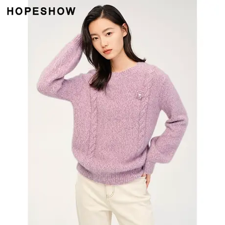 红袖outlets麻花纹套头毛衣hopeshow2023冬款复古慵懒温柔针织衫商品大图