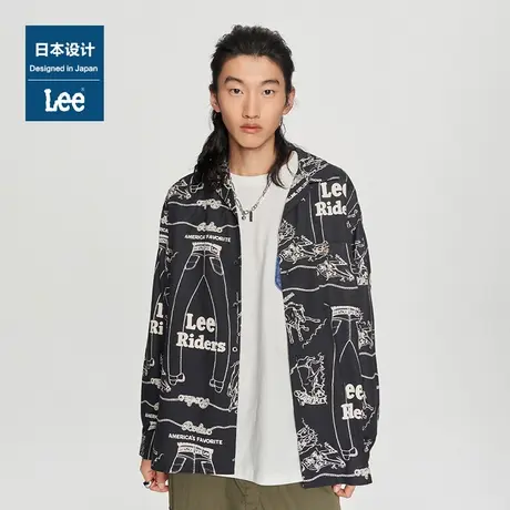 Lee日本设计23秋冬新品舒适版黑色字母印花翻领男休闲长袖衬衫图片
