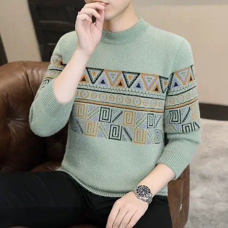 水貂绒半高领毛衣男士秋冬季一体绒潮流学生加厚保暖衣服内穿冬装商品大图