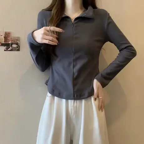 短款POLO半高领长袖T恤女秋冬韩版修身显瘦内搭加绒打底衫上衣服图片