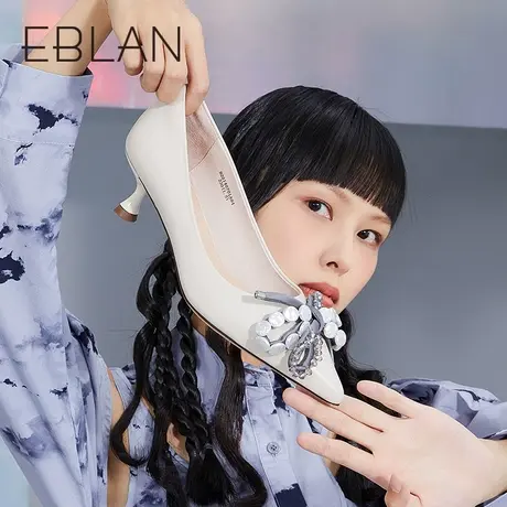 EBLAN伊伴女鞋春季新款优雅气质女单鞋设计感小众黑色高跟鞋图片