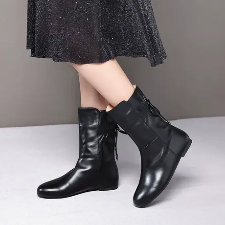 靴子女2023秋冬新款圆头平跟中筒靴全牛皮一脚蹬舒适休闲真皮短靴商品大图