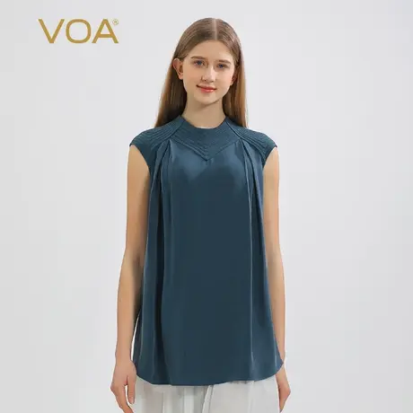 VOA30姆米重磅桑蚕丝蒂凡尼蓝塔克褶包肩短袖直筒型宽松真丝T恤图片