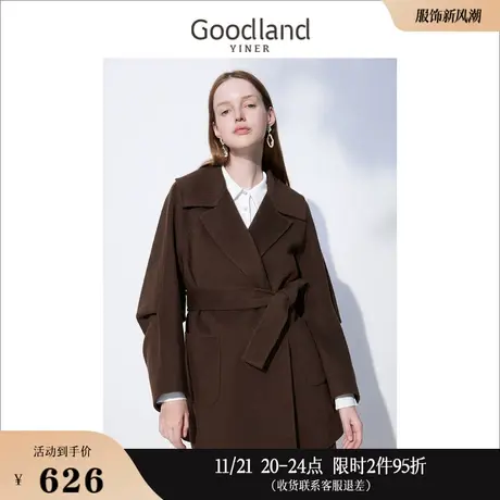 Goodland美地女装冬季腰带收腰长款含羊绒羊毛双面呢大衣商品大图