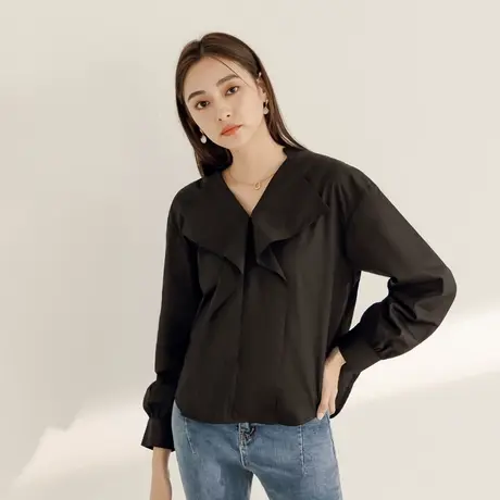 桔熊秋季设计感V领露背绑带别致宽松长袖上衣女胖妹妹大码AB18907商品大图