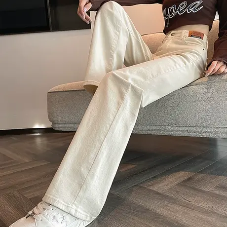 米白色高腰阔腿加绒牛仔裤女秋冬季新款宽松显瘦直筒窄版拖地裤子商品大图