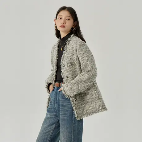 omont蛋挞家 复古小香风短外套女冬季新款宽松粗花呢毛呢外套商品大图