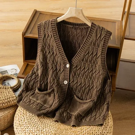 享永子炒色全棉针织马夹镂空春秋毛衣外套棉线上衣女宽松2023新款商品大图