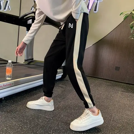 卫裤秋冬束脚哈伦男裤2023新款拼色条纹男生潮牌痞帅加绒休闲裤商品大图