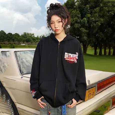 Nuthink刺绣帽衫美式拉链开衫薄款卫衣潮牌男连帽大码2025秋新款商品大图