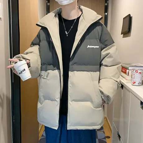 港风韩版撞色拼接男士棉服2023新款潮牌休闲立领棉衣ins加厚外套商品大图