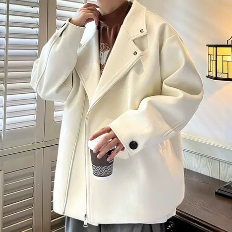 白色毛呢外套男士秋冬季西装英伦风呢子大衣男短款青少年冬装风衣图片