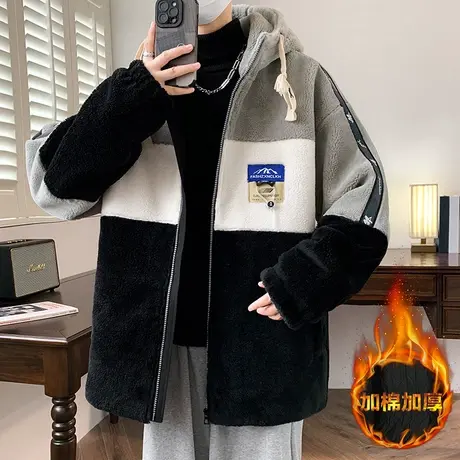 羊羔绒外套男冬季潮牌宽松休闲摇粒绒夹克男立领冬天保暖加厚棉服商品大图