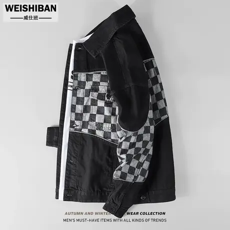 男装2023年秋冬季棋盘格牛仔外套潮牌翻领拼接F4赛车服美式夹克男商品大图