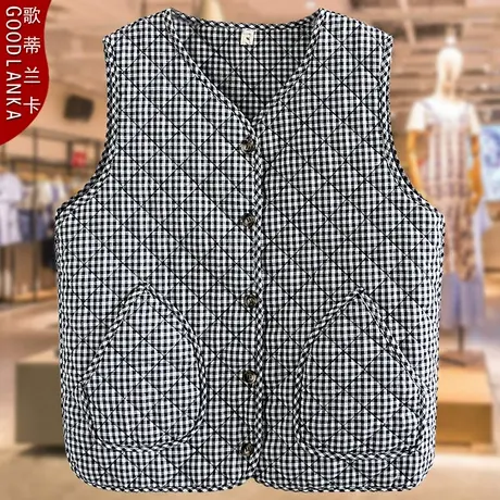大码中年妈妈秋冬夹棉马甲外套宽松时尚格子外穿保暖轻薄羽绒马夹商品大图