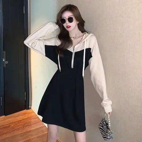 大码胖mm春秋新款收腰显瘦韩版宽松中长款连帽卫衣连衣裙子200斤图片