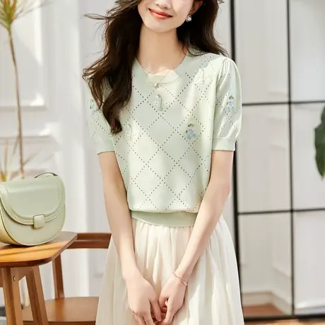 时尚气质短袖针织衫2023年夏季新款淑女温柔甜美圆领显瘦通勤上衣图片