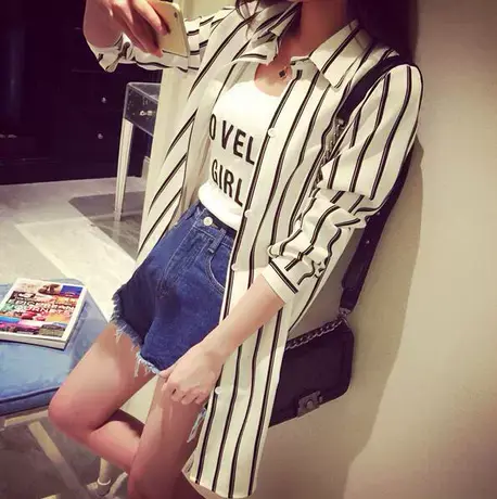 2023条纹长袖雪纺防晒衣夏季女中长款开衫宽松防晒服雪纺衬衫外套商品大图