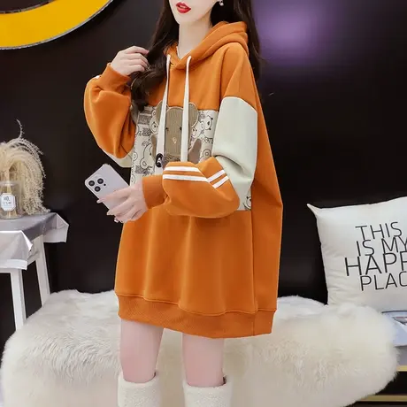 加绒加厚连帽卫衣女中长款2024新款早春季爆款洋气宽松设计感外套图片