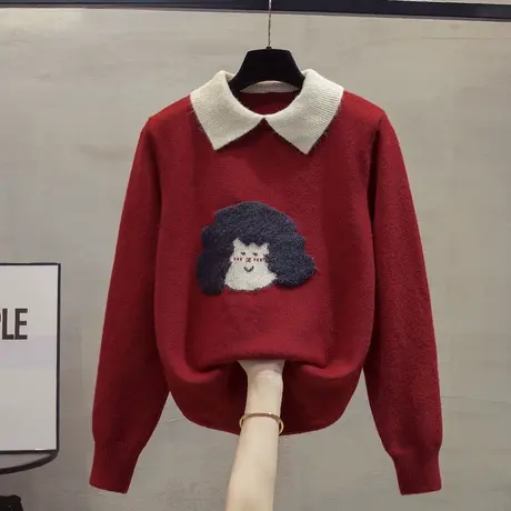 娃娃领红色毛衣女打底衫2023秋冬新款套头假两件针织衫厚内搭上衣商品大图