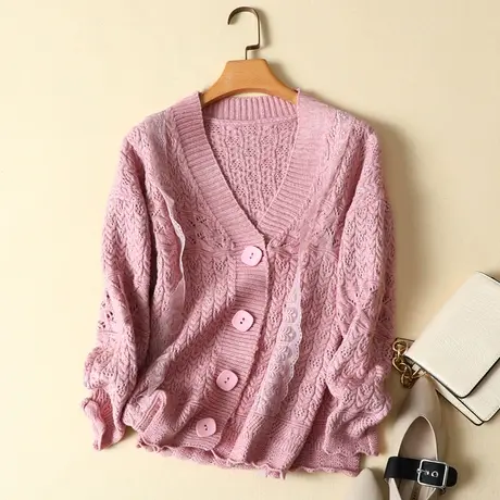 针织衫女开衫外套女春装2024新款韩版时尚宽松V领法式麻花毛衣女商品大图