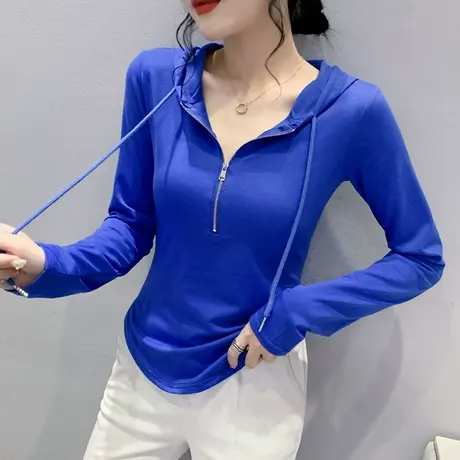 欧货连帽长袖卫衣女春秋设计感不规则拉链上衣克莱因蓝加绒打底衫商品大图