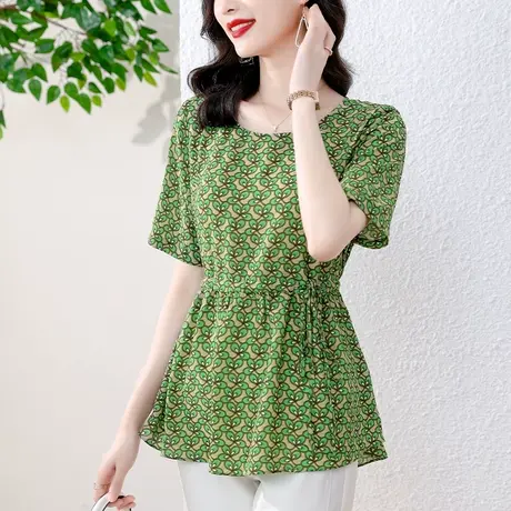 收腰碎花雪纺衫女夏季2023年新高级感绿色别致女上衣洋气短袖小衫图片