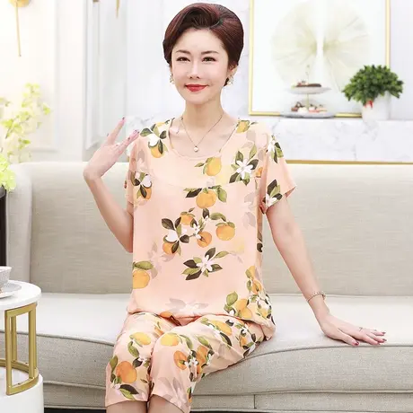 新款棉绸妈妈夏装中老年大码女装奶奶短袖T恤衫老年人套装家居服商品大图