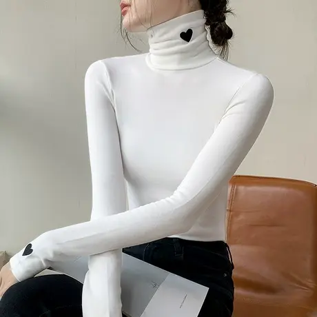 长袖磨毛T恤女2023秋冬白色爱心刺绣高领桃心内搭打底衫修身上衣图片
