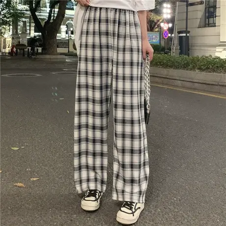 裤子女春秋薄款2023新款直筒宽松休闲格子长裤拖地垂感高腰阔腿裤商品大图