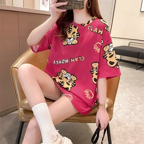 新年短袖t恤2023虎年大红色印花半袖上衣女韩版大码中长款ins潮图片