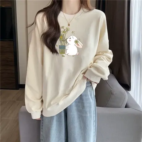 童趣风卡通圆领无帽卫衣女秋冬季宽松显瘦加绒加厚慵懒风上衣外套商品大图