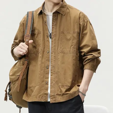 休闲外套男装美式翻领潮流衬衫长袖男士潮流百搭装衬衫外套纯棉图片