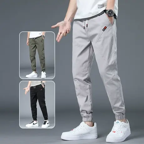 纯棉工装休闲裤子男士夏季薄款修身小脚松紧腰束脚春季春秋款潮流图片