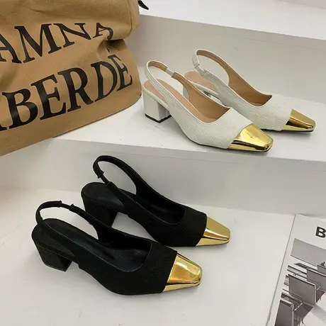 配裙子玛丽珍鞋小香风浅口粗跟凉鞋早春女鞋复古法式小金头高跟鞋商品大图