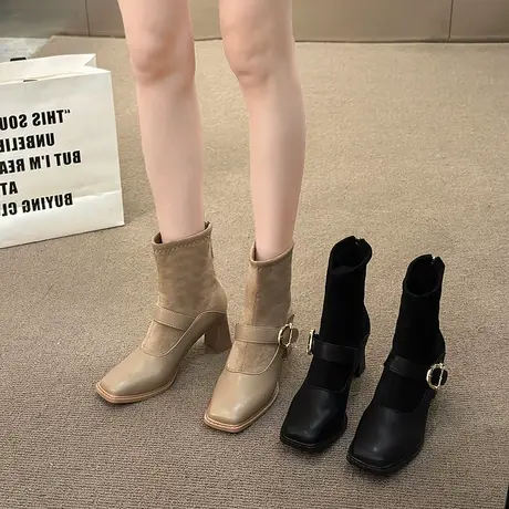 法式气质马丁靴2023年高跟短靴靴子方头小众设计感通勤显瘦高跟靴图片