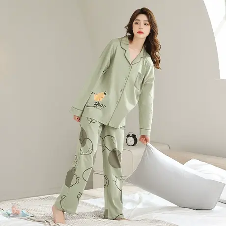 sharefun/霞黛芳100%棉翻领家居服套装可外穿长袖长裤秋睡衣女图片