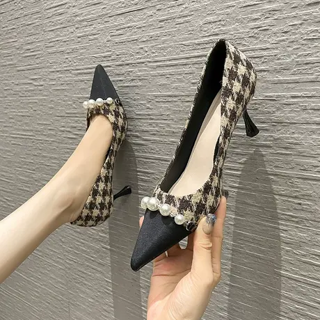 尖头珍珠高跟鞋女细跟2024年春季新款性感千格鸟浅口百搭职业单鞋图片