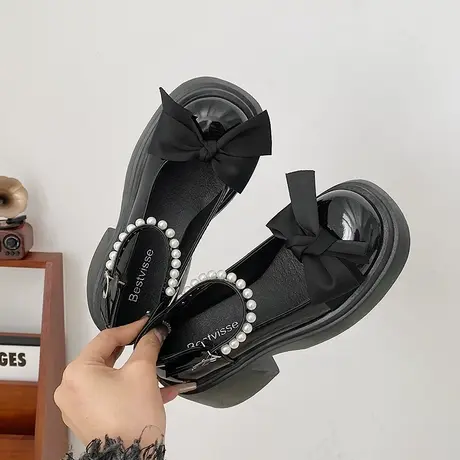 法式玛丽珍小皮鞋女2023春新款厚底增高蝴蝶结配裙子粗跟高跟单鞋商品大图