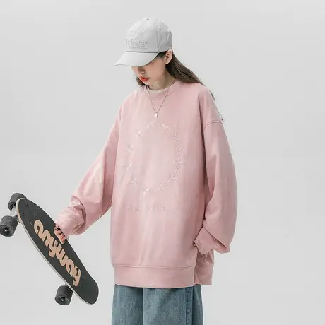 复古麂皮绒圆领卫衣女春秋2023新款宽松oversize美式潮牌无帽上衣商品大图